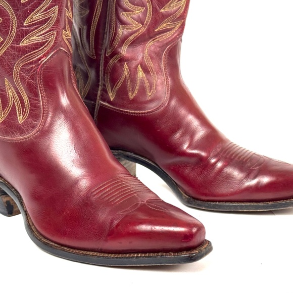 Justin Burgundy 50's Pee Wee Cowboy Boots - Womens Size 6.5B Inlaid Cloth Pulls - Picture 13 of 16